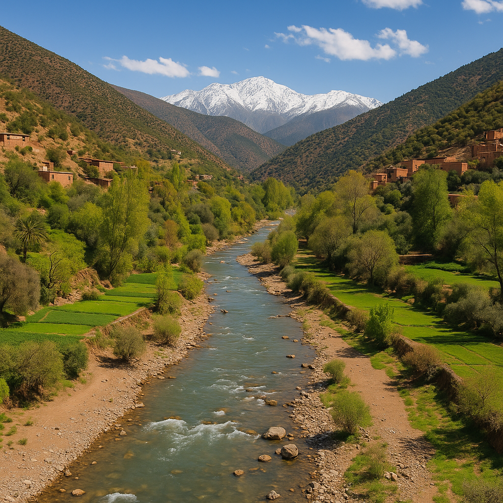 Valle de Ourika en Marruecos con río, vegetación verde y montañas del Atlas cubiertas de nieve al fondo