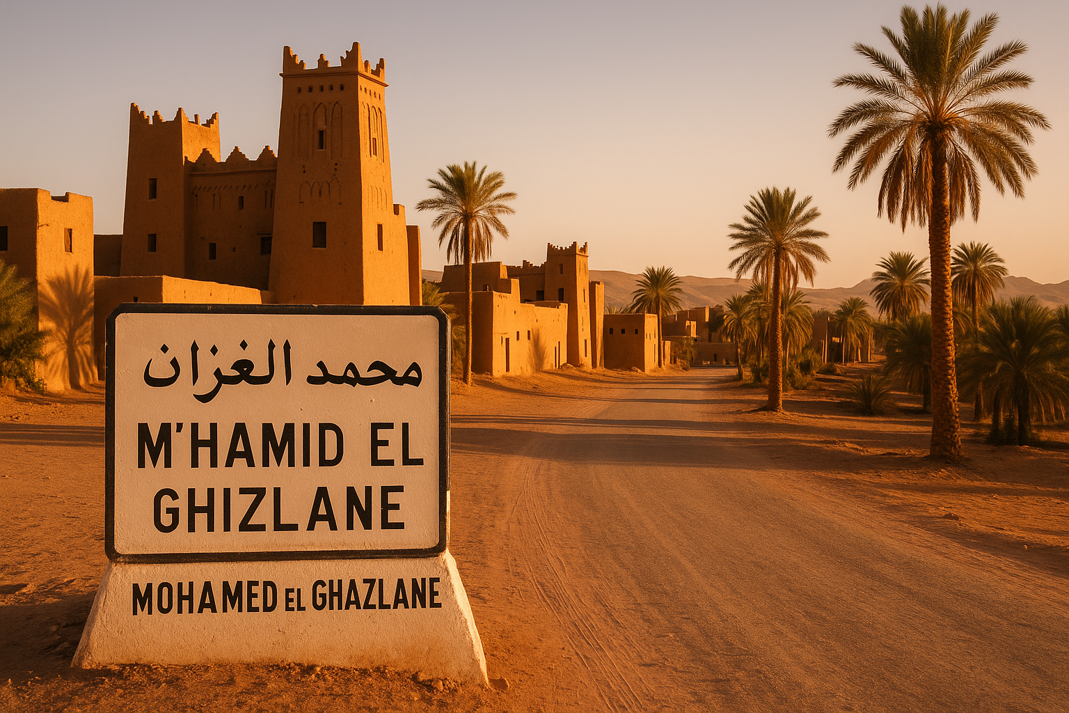 Entrada al pueblo de M’Hamid El Ghizlane en Marruecos con palmeras y kasbahs de adobe al atardecer