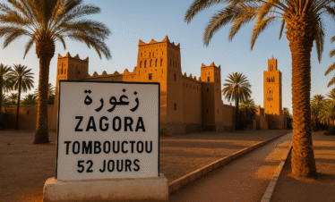 Cartel de Zagora con referencia a Tombuctú y kasbah tradicional de adobe al fondo, rodeada de palmeras