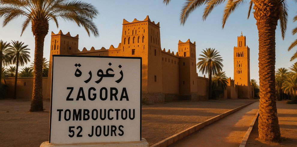 Cartel de Zagora con referencia a Tombuctú y kasbah tradicional de adobe al fondo, rodeada de palmeras
