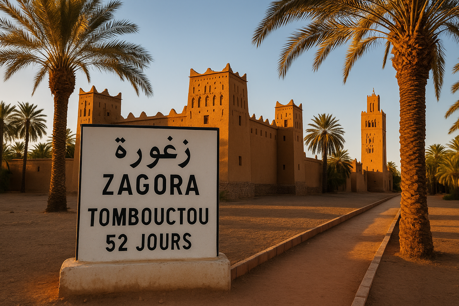 Cartel de Zagora con referencia a Tombuctú y kasbah tradicional de adobe al fondo, rodeada de palmeras