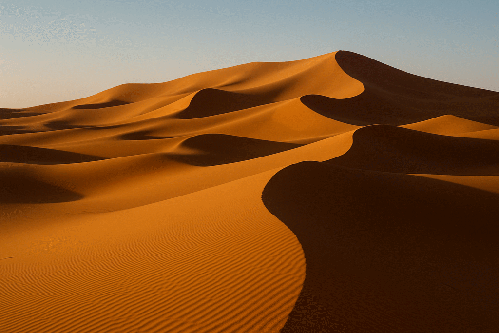 Dunas doradas del Sahara en Merzouga iluminadas por el sol al atardecer