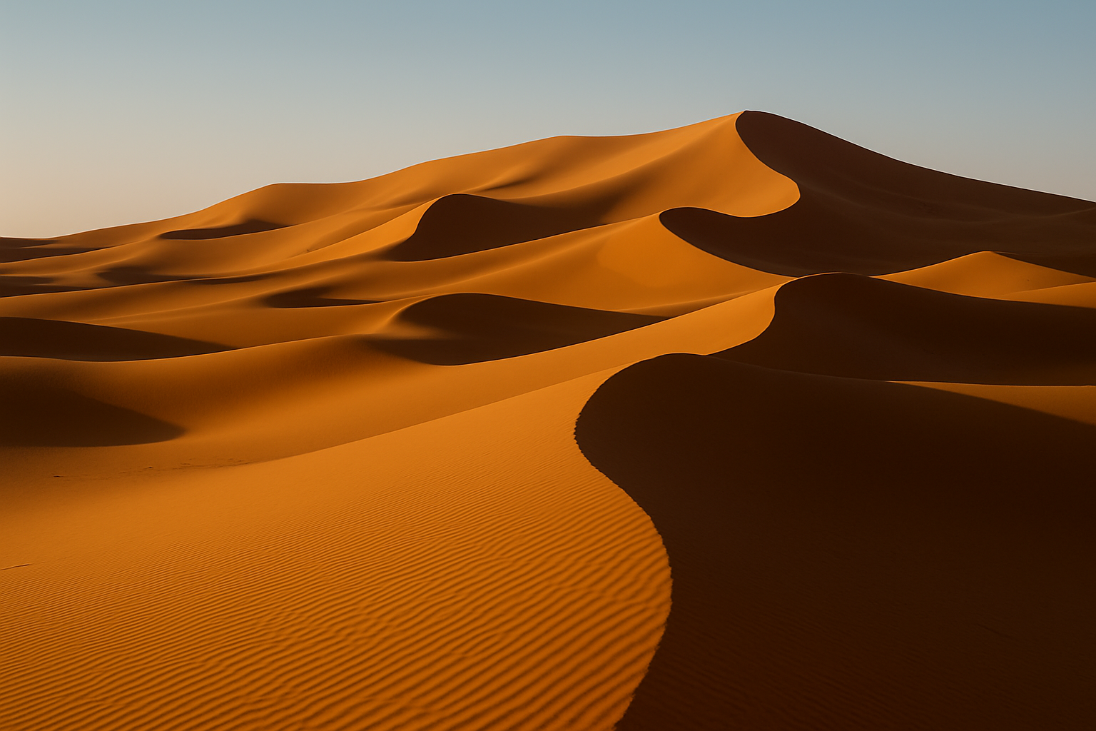 Dunas doradas del Sahara en Merzouga iluminadas por el sol al atardecer