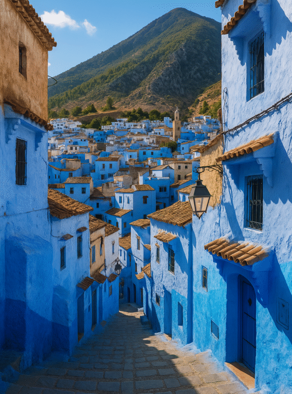 Calles azules de Chefchaouen en Marruecos con casas tradicionales y montañas de fondo