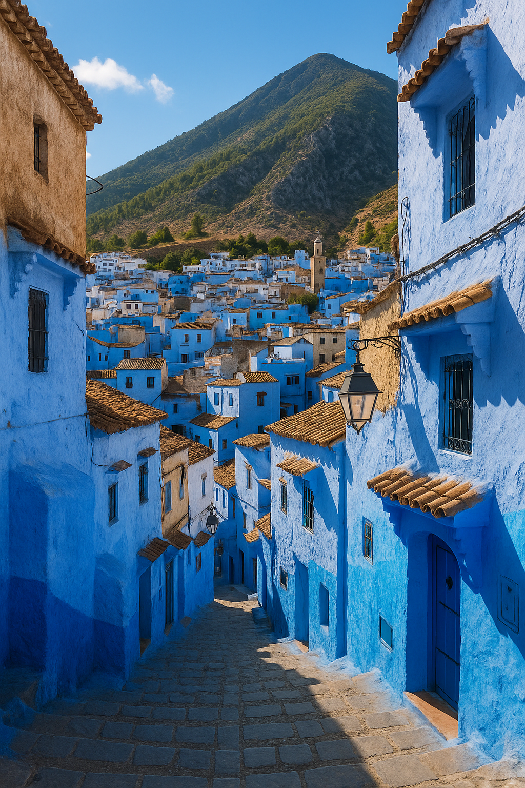Calles azules de Chefchaouen en Marruecos con casas tradicionales y montañas de fondo