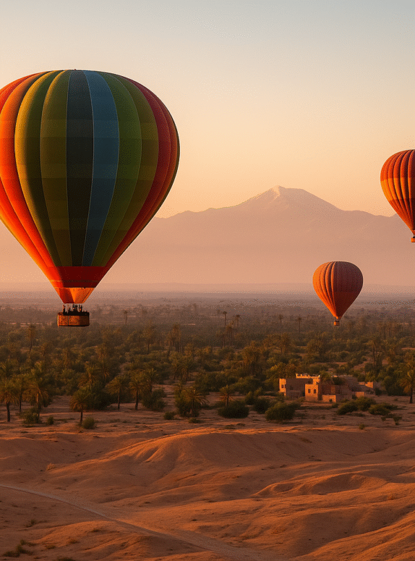 Globos aerostáticos volando al amanecer en Marrakech con las montañas del Atlas al fondo