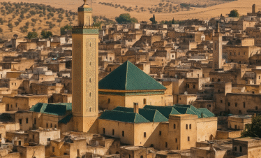 Vista aérea de la medina de Fez con minarete y tejados tradicionales