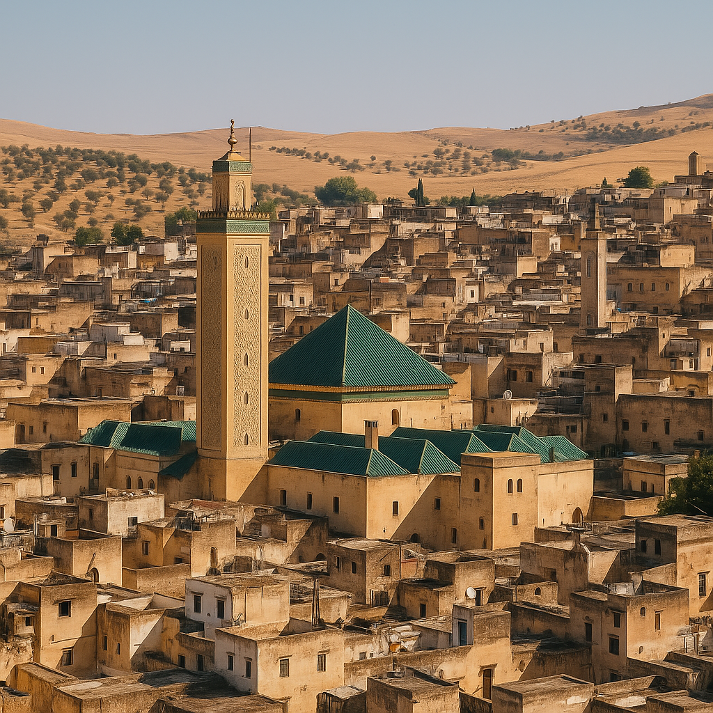 Vista aérea de la medina de Fez con minarete y tejados tradicionales